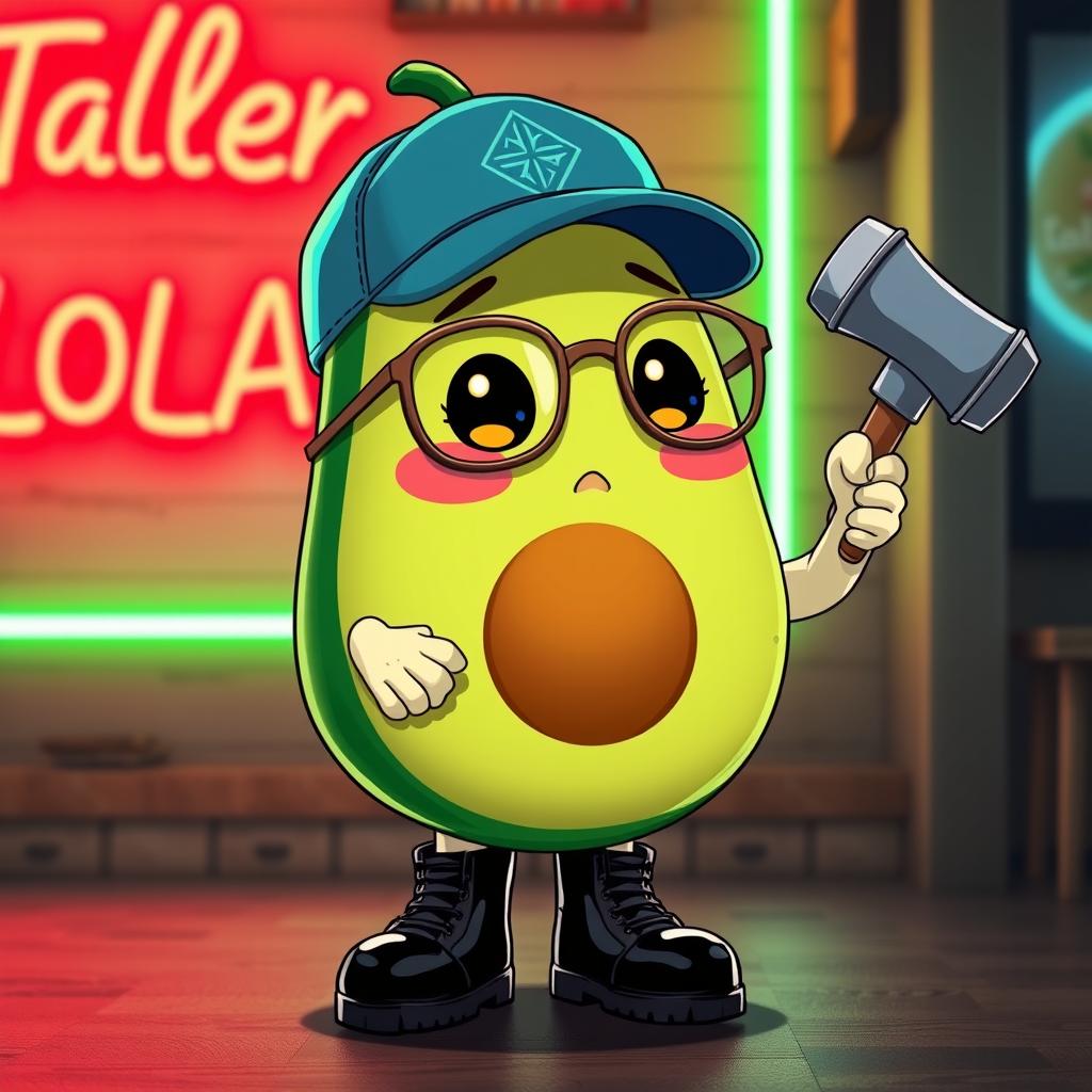 An adorable anime-style avocado character with rosy cheeks, wearing glasses and a blue cap