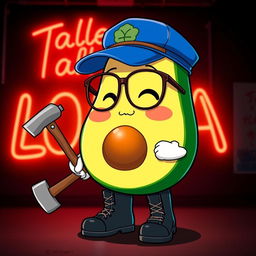 An adorable anime-style avocado character with rosy cheeks, wearing glasses and a blue cap