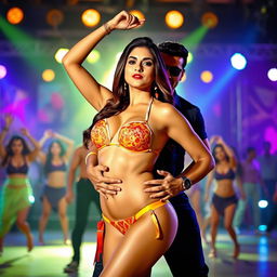 An electrifying scene inspired by the 'Fevicol Se' item song, showcasing Kareena Kapoor in a striking bikini, confidently posed with her hand above her head, showcasing her glamorous look