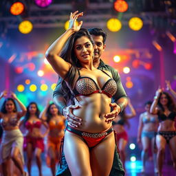 An electrifying scene inspired by the 'Fevicol Se' item song, showcasing Kareena Kapoor in a striking bikini, confidently posed with her hand above her head, showcasing her glamorous look