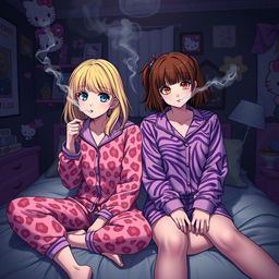 A Sanrio-inspired adult girl with medium length dirty blonde hair and vivid red highlights, blue eyes, blowing smoke while wearing cute pink cheetah print pajamas