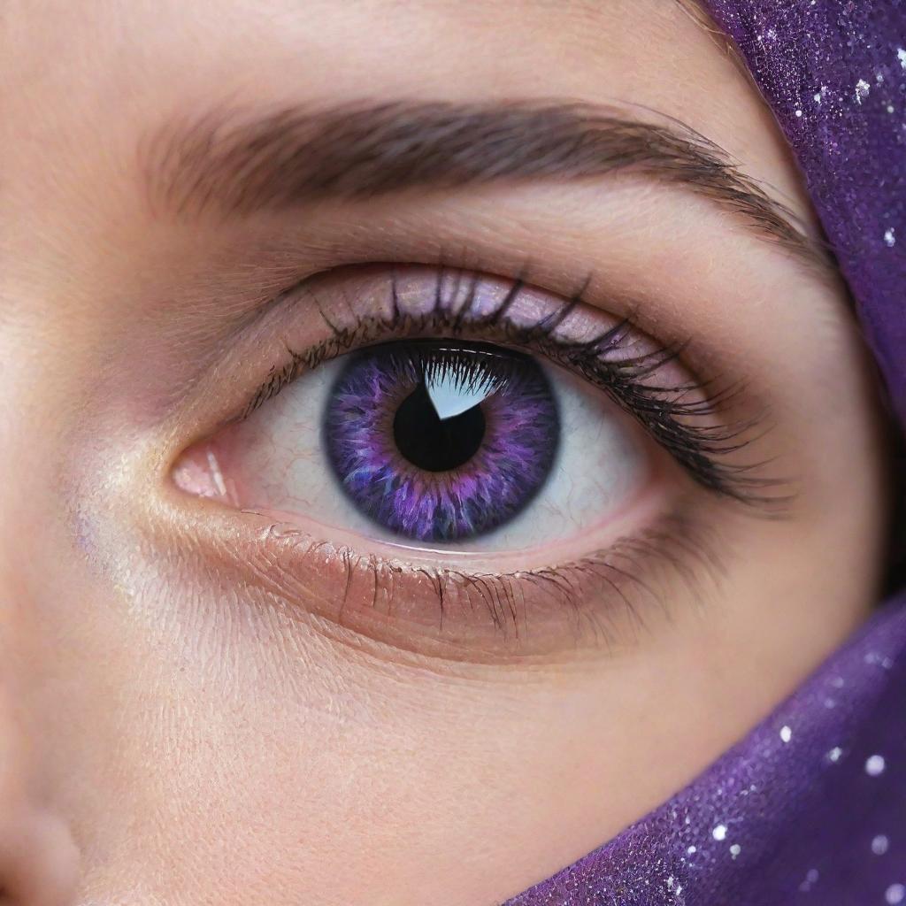 Close-up of captivating eyes which are of radiant purple color and shaped like stars, creating an aura of mystery and enchantment.