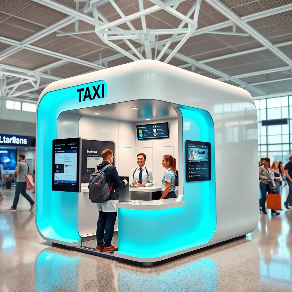 An indoor small airport taxi cubicle for customer service, uniquely designed to be encased in walls, featuring a modern aesthetic with a color palette of cyan and white