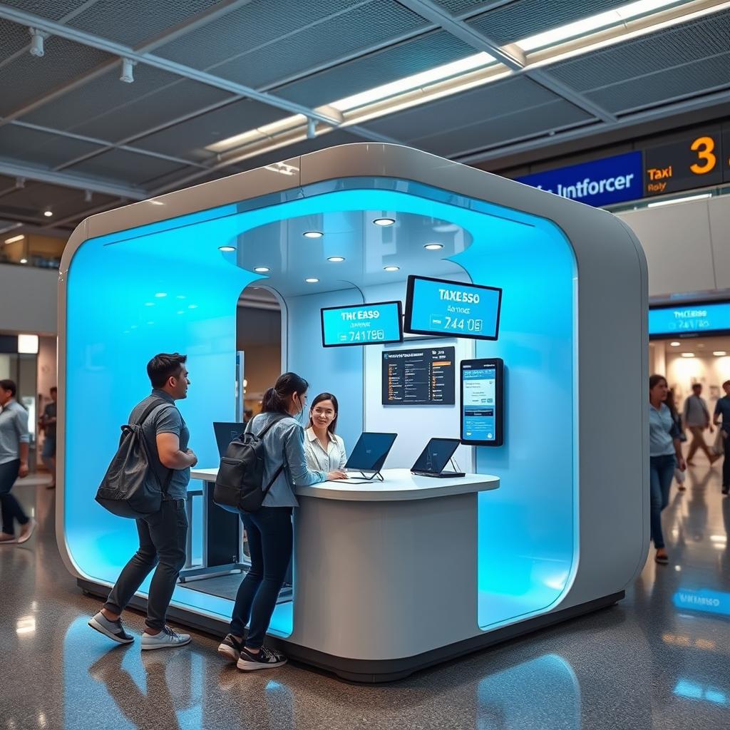 An indoor small airport taxi cubicle for customer service, uniquely designed to be encased in walls, featuring a modern aesthetic with a color palette of cyan and white