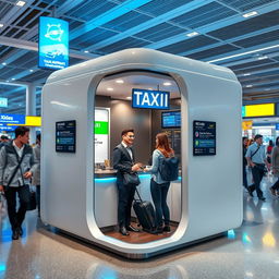 An indoor small airport taxi cubicle for customer service, uniquely designed to be encased in walls, featuring a modern aesthetic with a color palette of cyan and white