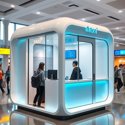 An indoor small airport taxi cubicle for customer service, uniquely designed to be encased in walls, featuring a modern aesthetic with a color palette of cyan and white