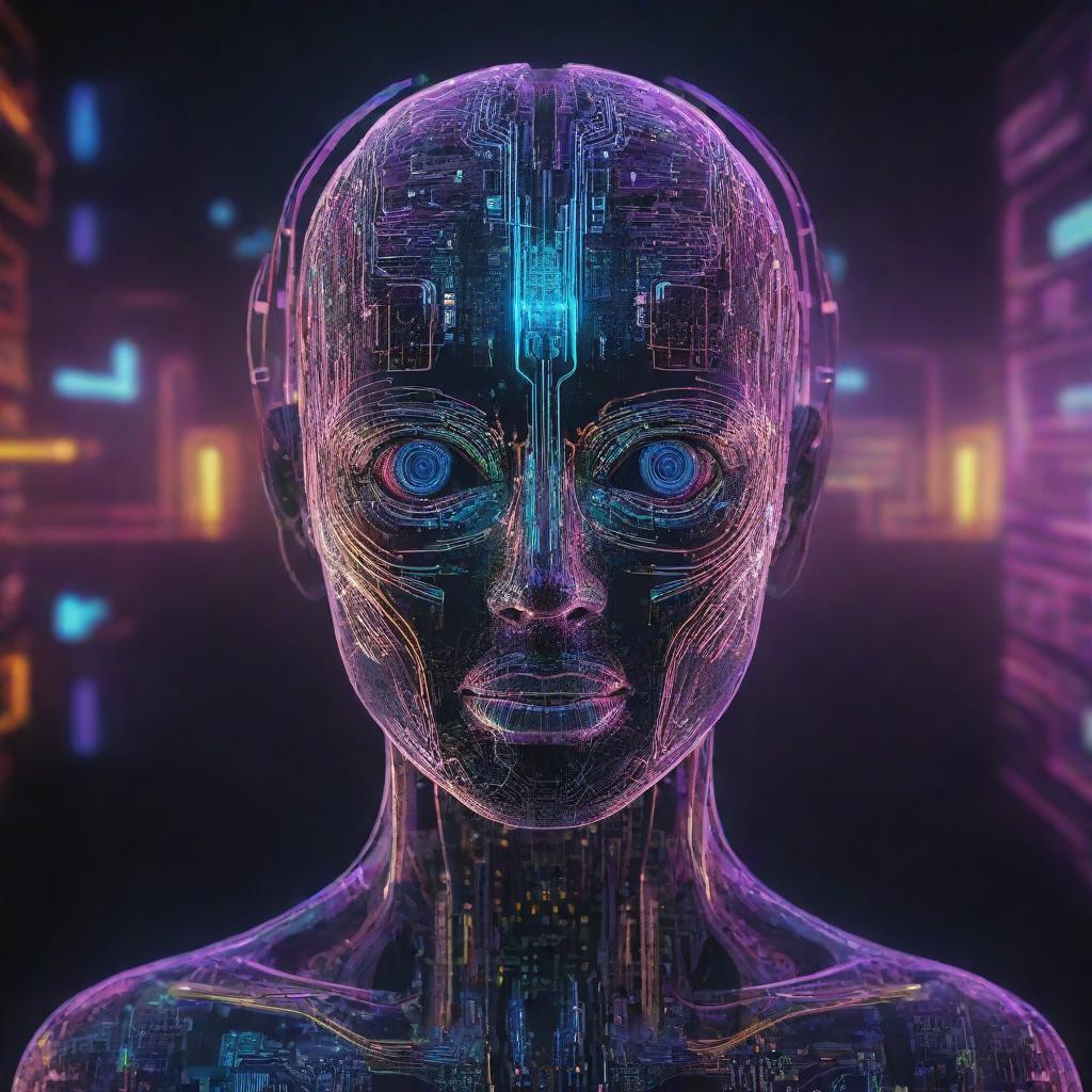 An abstract visualization of an AI with futuristic design elements, neon lights, intricate circuits, and a radiant color palette, representing AI's ethereal intelligence and capabilities.