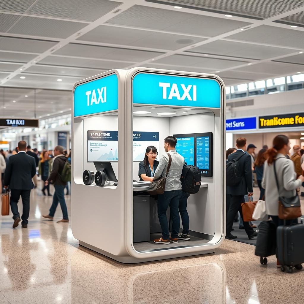 An indoor small airport taxi cubicle designed for customer service, featuring a contemporary aesthetic with a striking cyan and white color scheme