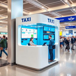 An indoor small airport taxi cubicle designed for customer service, featuring a contemporary aesthetic with a striking cyan and white color scheme