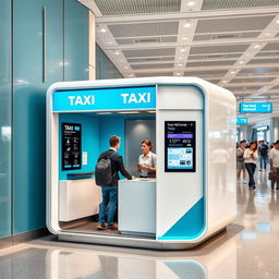 An indoor small airport taxi cubicle designed for customer service, featuring a contemporary aesthetic with a striking cyan and white color scheme