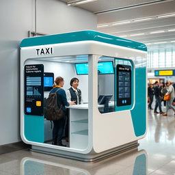 An indoor small airport taxi cubicle designed for customer service, featuring a contemporary aesthetic with a striking cyan and white color scheme