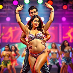 An exciting and dynamic scene inspired by the 'Fevicol Se' item song, featuring Kareena Kapoor in a dazzling bikini, posing confidently with both hands raised above her head, showcasing her fabulous figure and vibrant energy