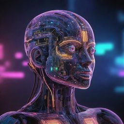 An abstract visualization of an AI with futuristic design elements, neon lights, intricate circuits, and a radiant color palette, representing AI's ethereal intelligence and capabilities.