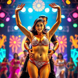 An exciting and dynamic scene inspired by the 'Fevicol Se' item song, featuring Kareena Kapoor in a dazzling bikini, posing confidently with both hands raised above her head, showcasing her fabulous figure and vibrant energy