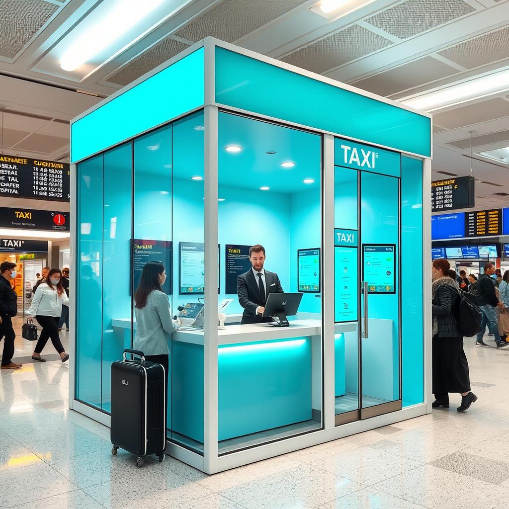 An indoor small airport taxi cubicle designed for customer service, resembling a room rather than an island cubicle