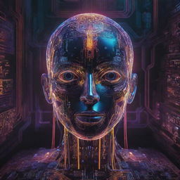 An abstract visualization of an AI with futuristic design elements, neon lights, intricate circuits, and a radiant color palette, representing AI's ethereal intelligence and capabilities.