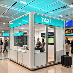 An indoor small airport taxi cubicle designed for customer service, resembling a room rather than an island cubicle