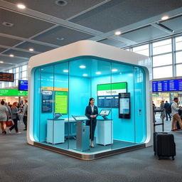 An indoor small airport taxi cubicle designed for customer service, resembling a room rather than an island cubicle