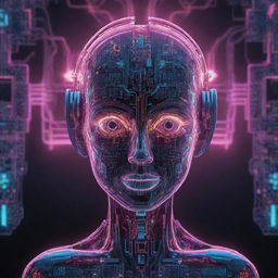 An abstract visualization of an AI with futuristic design elements, neon lights, intricate circuits, and a radiant color palette, representing AI's ethereal intelligence and capabilities.