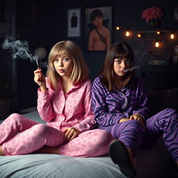 An adult girl with below-the-shoulder length dirty blonde hair featuring vibrant red highlights and blue doe eyes, blowing smoke while wearing cute pink cheetah print pajamas