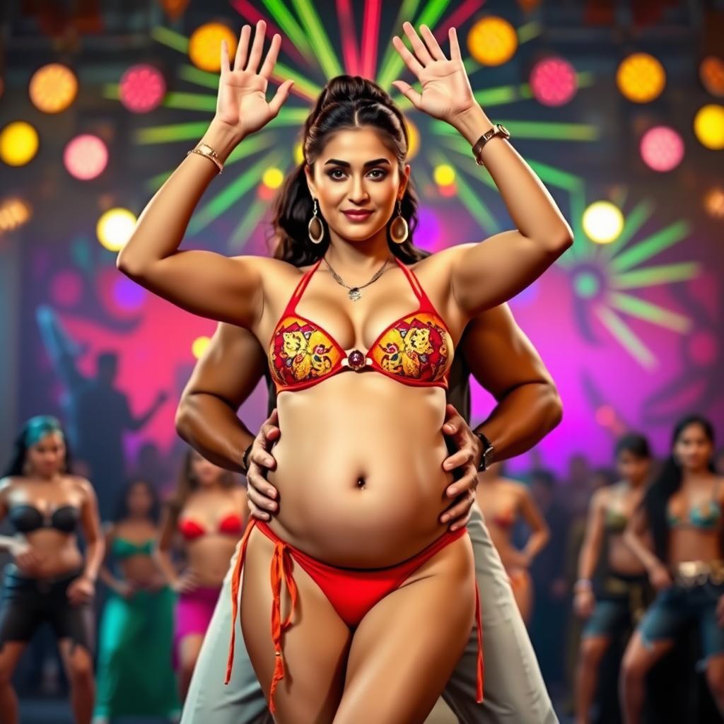 A vibrant and captivating scene inspired by the 'Fevicol Se' item song, showcasing Kareena Kapoor in an eye-catching bikini, confidently posing with both hands raised above her head, emphasizing her striking figure