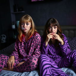 An adult girl with below-the-shoulder length dirty blonde hair featuring vibrant red highlights and blue doe eyes, blowing smoke while wearing cute pink cheetah print pajamas