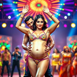 A vibrant and captivating scene inspired by the 'Fevicol Se' item song, showcasing Kareena Kapoor in an eye-catching bikini, confidently posing with both hands raised above her head, emphasizing her striking figure