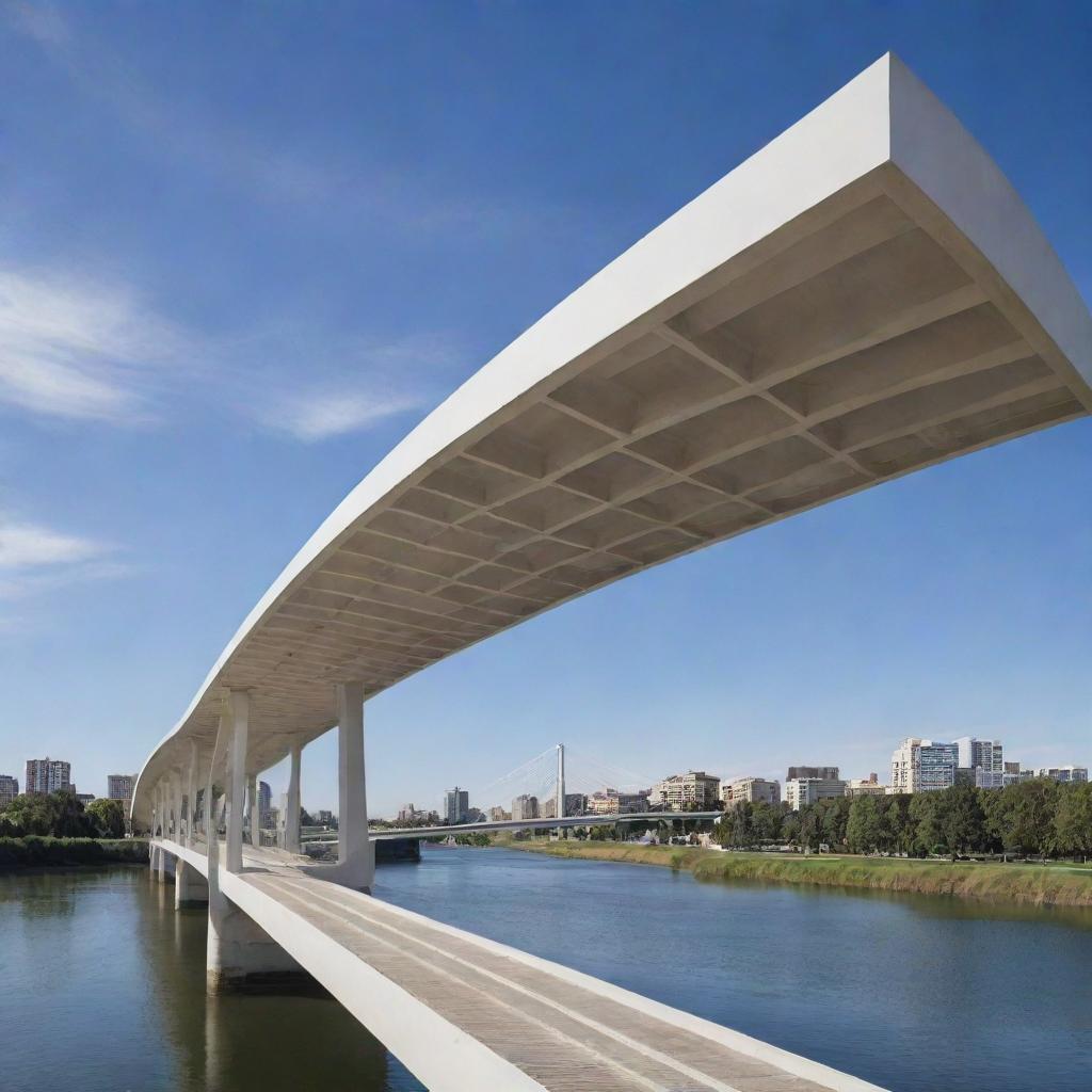 Design a bridge inspired by the innovative architect Santiago Calatrava with his signature combination of structural expressiveness and organic forms.