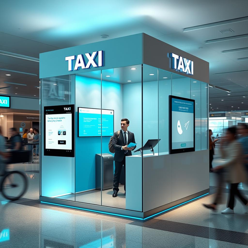 Cubículo para atención a clientes de una compañía de taxis en un aeropuerto, con un diseño moderno y elegante