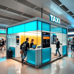 Cubículo para atención a clientes de una compañía de taxis en un aeropuerto, con un diseño moderno y elegante