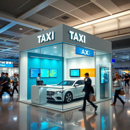 Cubículo para atención a clientes de una compañía de taxis en un aeropuerto, con un diseño moderno y elegante