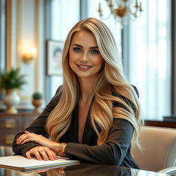 A digital portrait of a naturally beautiful 25-year-old blonde woman with a porcelain complexion, fully matured, sitting confidently at an office desk during a meeting