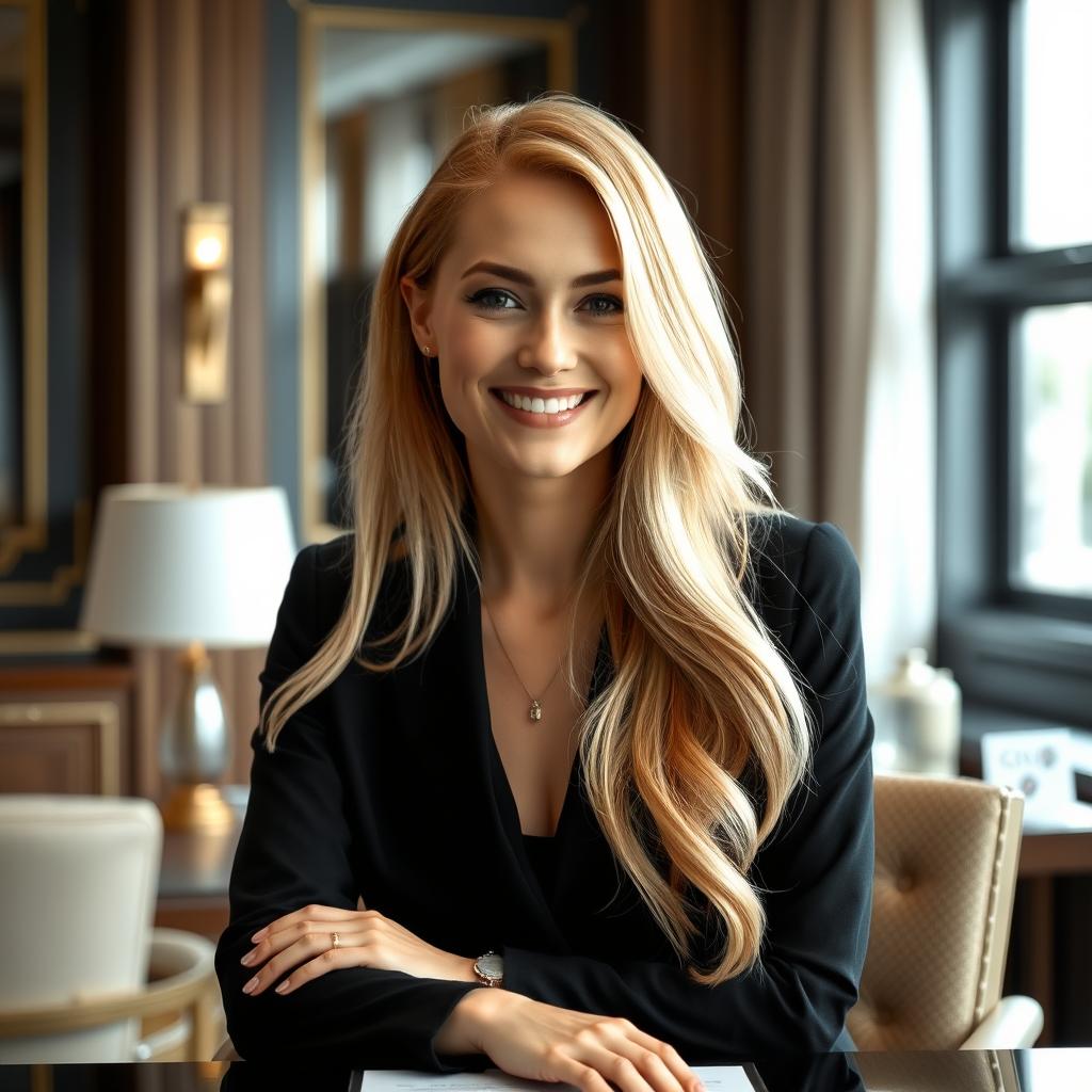 A digital portrait of a naturally beautiful 25-year-old blonde woman with a porcelain complexion, fully matured, sitting confidently at an office desk during a meeting