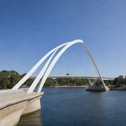 Design a bridge inspired by the innovative architect Santiago Calatrava with his signature combination of structural expressiveness and organic forms.