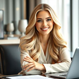 A digital portrait of a naturally beautiful 25-year-old blonde woman with a porcelain complexion, fully matured, sitting confidently at an office desk during a meeting