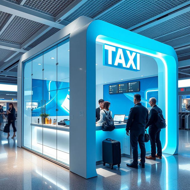 Cubículo para atención a clientes de una compañía de taxis en un aeropuerto, con un diseño moderno y atractivo