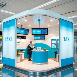 Cubículo para atención a clientes de una compañía de taxis en un aeropuerto, con un diseño moderno y atractivo