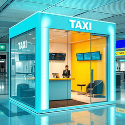 Cubículo para atención a clientes de una compañía de taxis en un aeropuerto, con un diseño moderno y atractivo