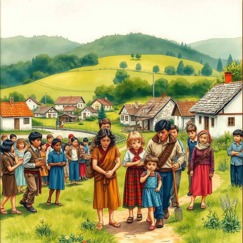 A heartfelt depiction of a village scene in April 1982, showcasing the emotional impact of a family's sudden move in the neighboring village