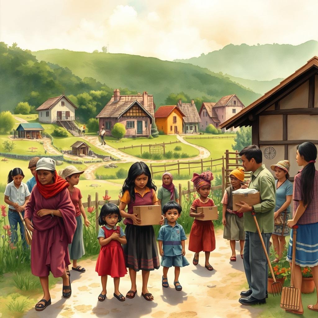 A heartfelt depiction of a village scene in April 1982, showcasing the emotional impact of a family's sudden move in the neighboring village