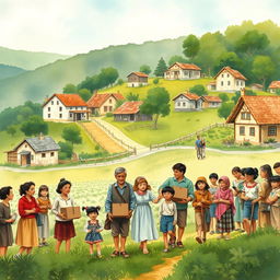 A heartfelt depiction of a village scene in April 1982, showcasing the emotional impact of a family's sudden move in the neighboring village