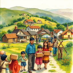 A heartfelt depiction of a village scene in April 1982, showcasing the emotional impact of a family's sudden move in the neighboring village