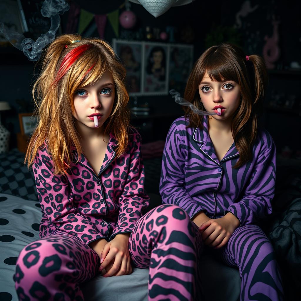 A scene depicting two teen girls in a dark emo-themed room