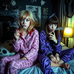 A scene depicting two teen girls in a dark emo-themed room