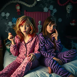 A scene depicting two teen girls in a dark emo-themed room