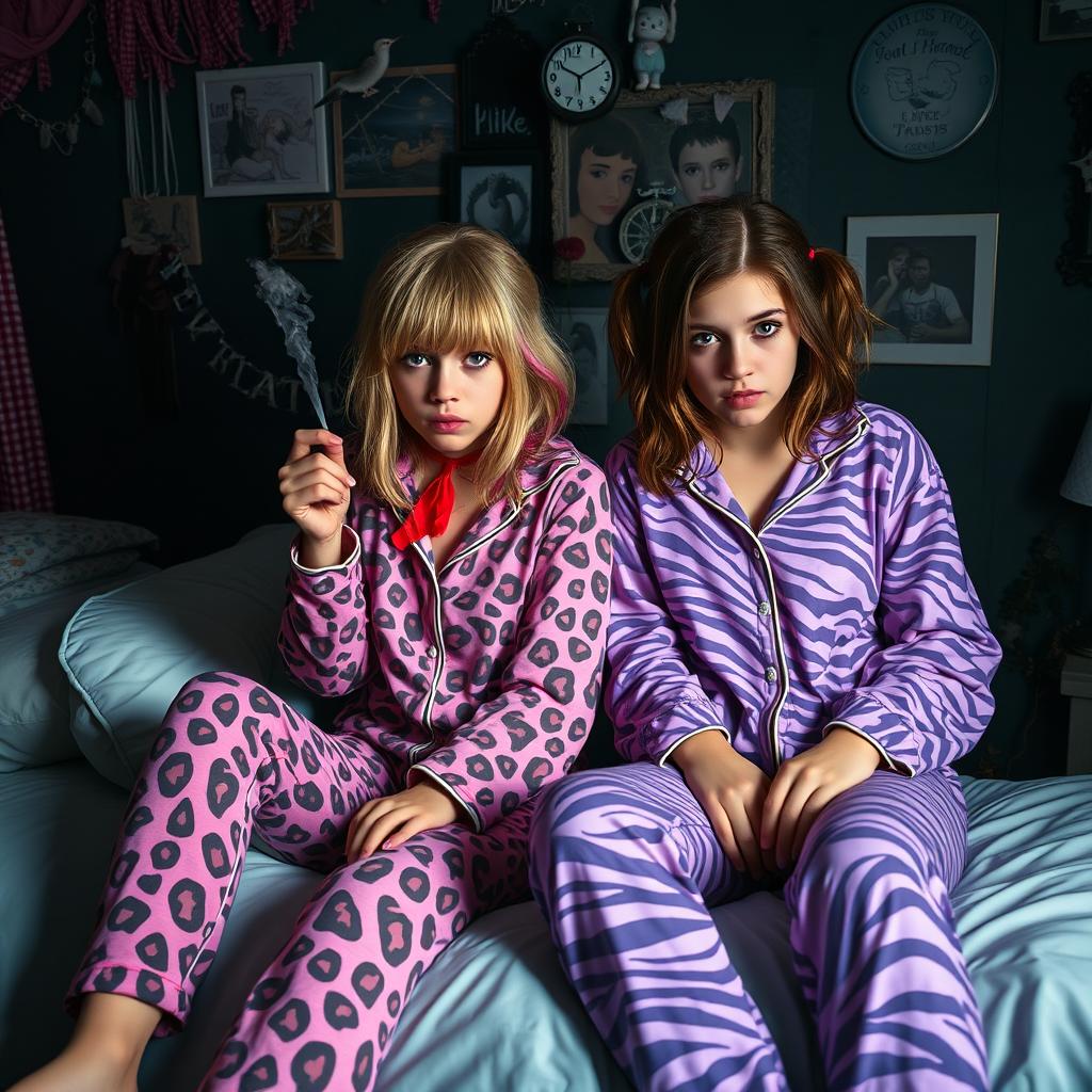 A scene depicting two teen girls in a dark emo-themed room