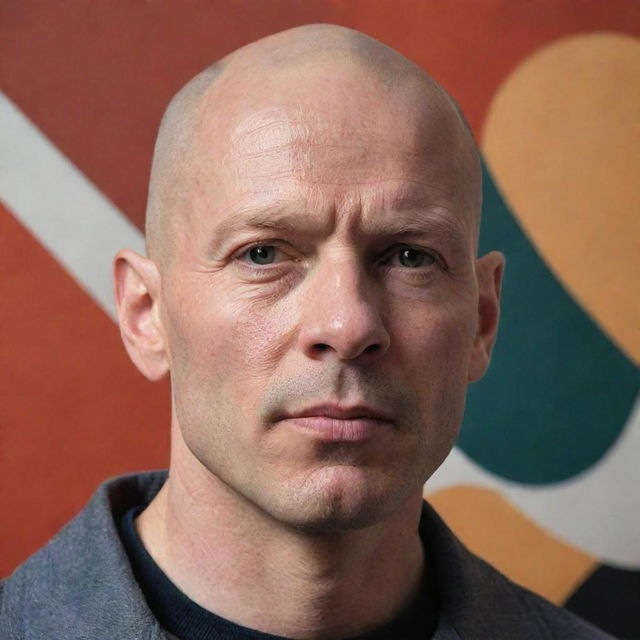 A detailed portrayal of a bald man with resolute facial features, strong jawline, and a confident expression, set against a bold, abstract backdrop.