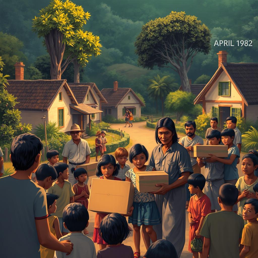 A vivid depiction of a village scene from April 1982, capturing the emotional atmosphere surrounding a family's sudden relocation to the village of Amarela