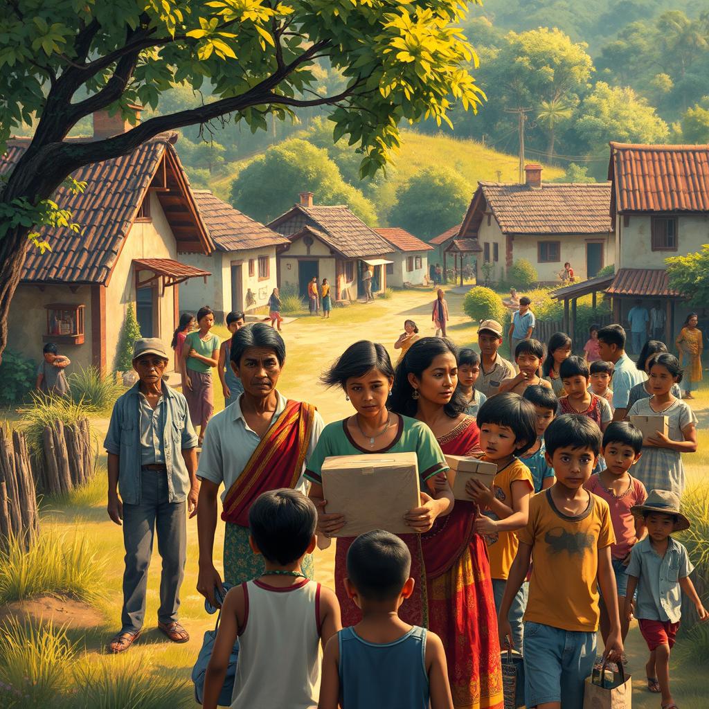 A vivid depiction of a village scene from April 1982, capturing the emotional atmosphere surrounding a family's sudden relocation to the village of Amarela