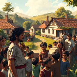 A vivid depiction of a village scene from April 1982, capturing the emotional atmosphere surrounding a family's sudden relocation to the village of Amarela